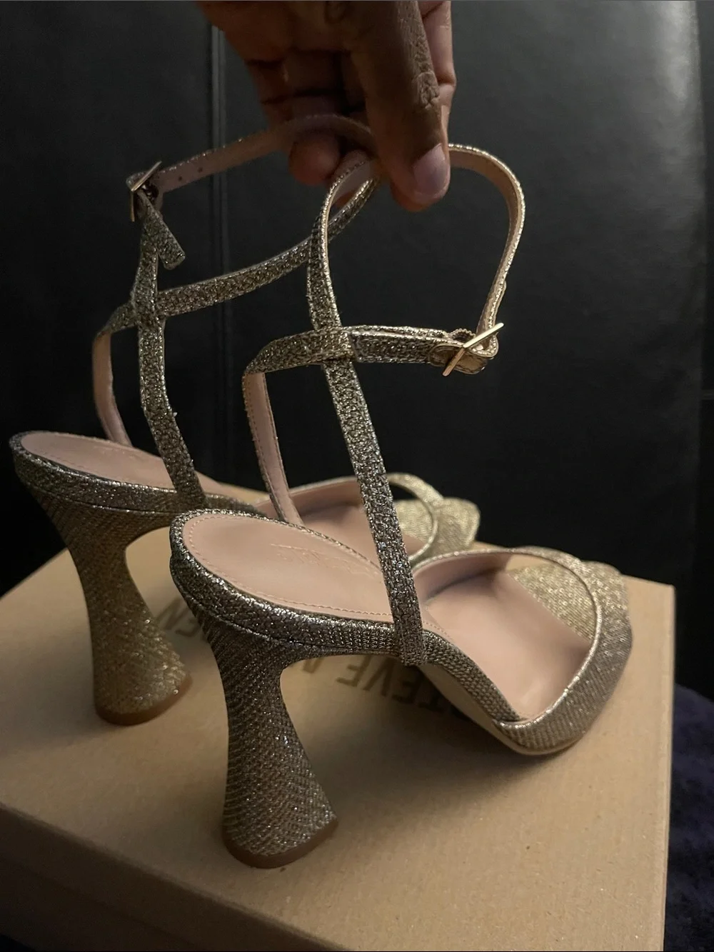 Steve Madden 4.5” Pointy Toe Metallic Gold Ankle-Strap High Heel Sandals NWB